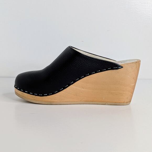 Maguba Clogs Wedge Heels 37 Black Leather Wood Platform Scandinavian Boho - Picture 7 of 12